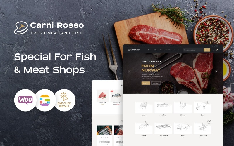 Motyw WooCommerce z rybami i mięsem - Carni Rosso