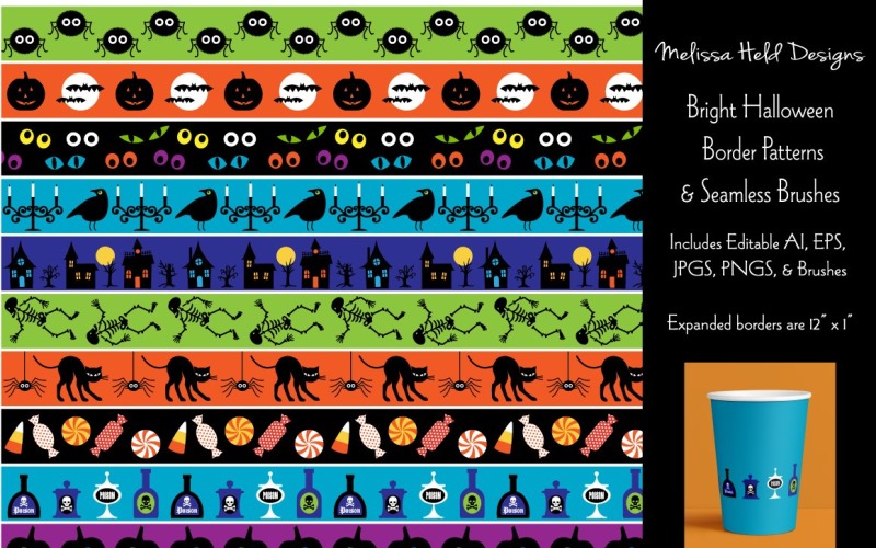 Download Pattern "Seamless Bright Halloween Borders Pattern" / Seamless Bright Halloween Borders Pattern - Pattern на тему графика candy,pumpkins,black cats,bats,haunted houses,skeletons,ravens,candelabra,eyeballs,potions,spiders,border,stripe,vector,brush,graphic,seamless,repeat,halloween,pattern