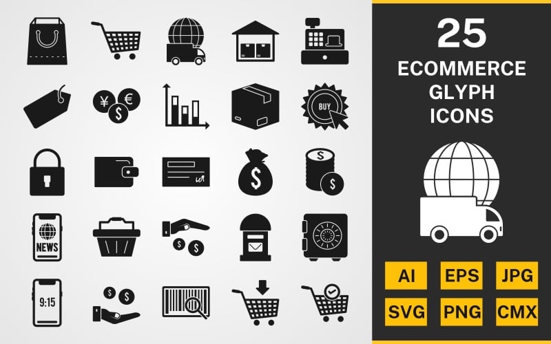 Download Набор иконок "25 Ecommerce GLYPH PACK Icon Set" / 25 Ecommerce GLYPH PACK Icon Set - Набор иконок на тему shopping set,file,icon,icons,linear,glyph,vector,sign,symbol,pictogram,news,security,vault,shopping cart,find product,sack,cheque,package,smart device,add to cart
