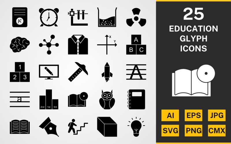 Download Набор иконок "25 Education GLYPH PACK Icon Set" / 25 Education GLYPH PACK Icon Set - Набор иконок на тему science set,file,icon,icons,linear,glyph,vector,sign,symbol,pictogram,education,axis,electron,book dvd,nib,drafting tool,radiation,school shirt,abc cubes,pencil rocket