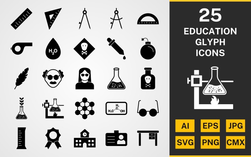 Download Набор иконок "25 Education GLYPH PACK Icon Set" / 25 Education GLYPH PACK Icon Set - Набор иконок на тему science set,file,icon,icons,linear,glyph,vector,sign,symbol,pictogram,education,beaker,school,award,toxic,h2o,whistle,scale,compass,droper