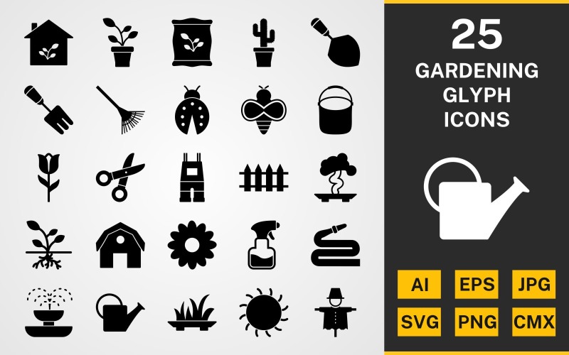 Download Набор иконок "25 Gardening GLYPH PACK Icon Set" / 25 Gardening GLYPH PACK Icon Set - Набор иконок на тему nature set,file,icon,icons,linear,glyph,vector,sign,symbol,pictogram,gardening,tulip,watercan,grass,root,trowel,sprout,fence,bonsai,hose