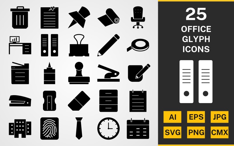 Download Набор иконок "25 Office GLYPH PACK Icon Set" / 25 Office GLYPH PACK Icon Set - Набор иконок на тему business set,file,icon,icons,linear,glyph,vector,sign,symbol,pictogram,office,clip,pin,past it,trash,correcter,building,clock,stamp,archive