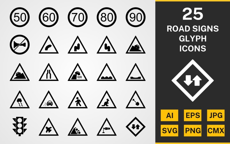 Download Набор иконок "25 Road Signs GLYPH PACK Icon Set" / 25 Road Signs GLYPH PACK Icon Set - Набор иконок на тему text set,file,icon,icons,linear,glyph,vector,sign,symbol,pictogram,road signs,road dips,air field,road works,steep ascent,right bend,light signals,two way traffic,speed limit 50,lose gravel