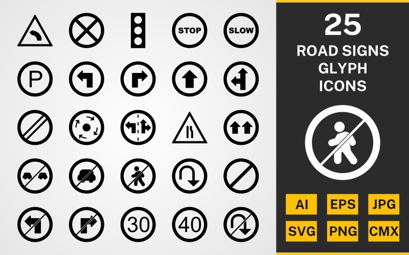Download Набор иконок "25 Road Signs GLYPH PACK Icon Set" / 25 Road Signs GLYPH PACK Icon Set - Набор иконок на тему text et,file,icon,icons,linear,glyph,vector,sign,symbol,pictogram,road signs,stop,give way,parking,signal sign,road closed,no entry,u turn,lane control sign,turn left