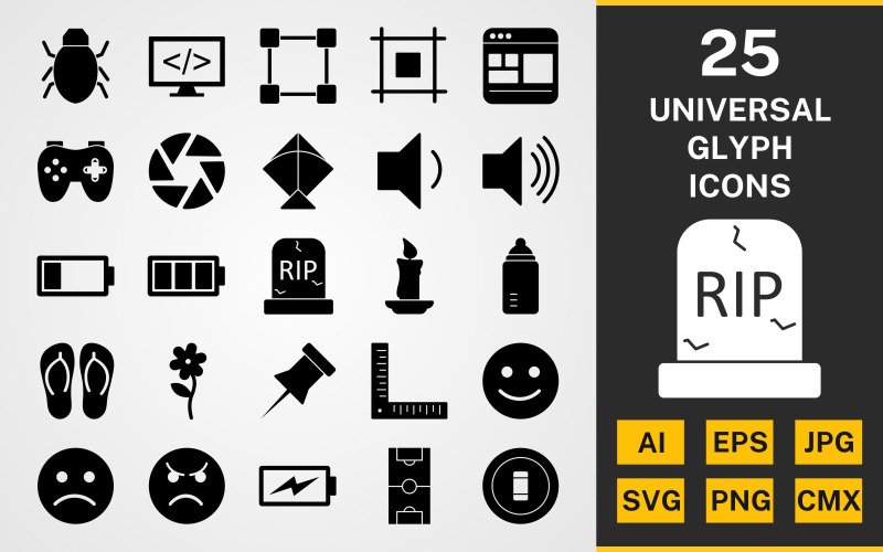Download Набор иконок "25 Universal GLYPH PACK Icon Set" / 25 Universal GLYPH PACK Icon Set - Набор иконок на тему game set,file,icon,icons,linear,glyph,vector,sign,symbol,pictogram,universal,layout,video game,shutter,candle,grave,kite,bug,programming,dragging
