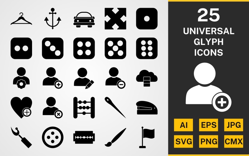 Download Набор иконок "25 Universal GLYPH PACK Icon Set" / 25 Universal GLYPH PACK Icon Set - Набор иконок на тему data set,file,icon,icons,linear,glyph,vector,sign,symbol,pictogram,universal,blade,flag,button,data base,expend,anchor,hanger,add user,needle