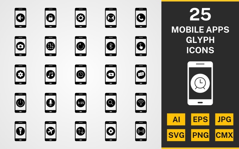 Zestaw ikon 25 aplikacji mobilnych GLYPH PACK