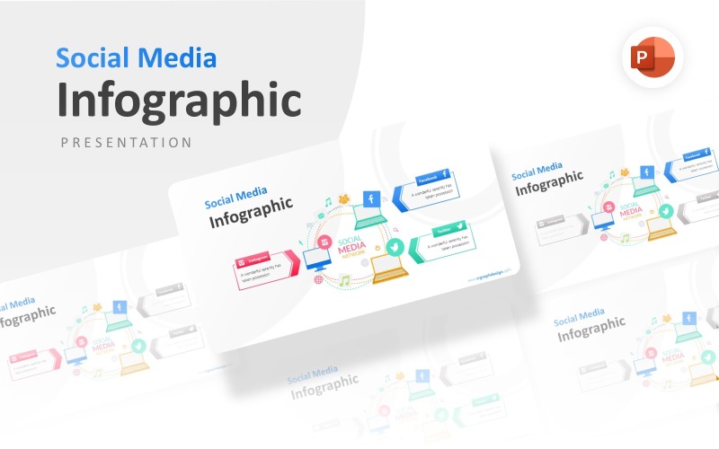 Laptop-Illustration mit Social Media-Infografik-Präsentations-PowerPoint-Vorlage