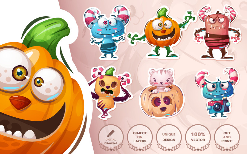 Download Иллюстрация "Set Cute Monster - Illustration" / Set Cute Monster - Illustration - Иллюстрация на тему графика halloween,horror,fear,evil,devil,pumpkin,monster,seamless,pattern,cartoon,character,characters,animal,animals,pet,cute,funny,pretty,beauty,happy