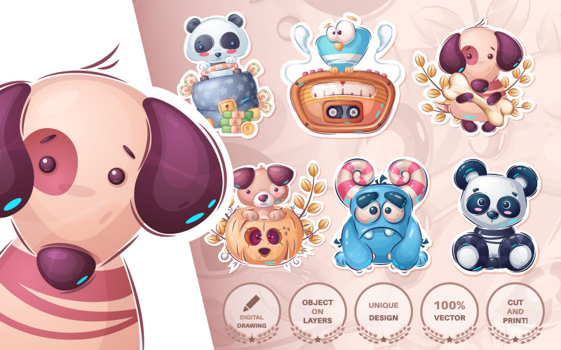 Download Иллюстрация "Set Cute Sticker Seamless Pattern - Illustration" / Set Cute Sticker Seamless Pattern - Illustration - Иллюстрация на тему графика panda,money,diplomat,bancknote,dog,bird,halloween,monster,horror,bone,puppy,seamless,pattern,cartoon,character,characters,wild,animal,animals,pet