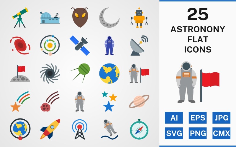 Download Набор иконок "25 Astronomy FLAT PACK Icon Set" / 25 Astronomy FLAT PACK Icon Set - Набор иконок на тему science set,file,icon,icons,linear,flat,vector,sign,symbol,pictogram,astronomy,man with flag,space suit,alien,telescope,galaxy,new moon,satrun,compass,spaceship