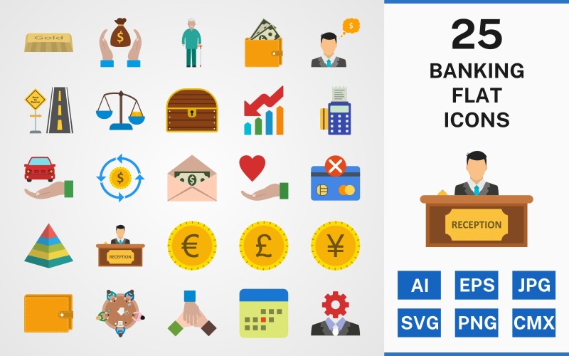 Download Набор иконок "25 BANKING FLAT PACK Icon Set" / 25 BANKING FLAT PACK Icon Set - Набор иконок на тему финансы set,file,icon,icons,linear,flat,vector,sign,symbol,pictogram,banking,profit,crisis,pension,wallet,administration,transaction,pyramid,savings,reception