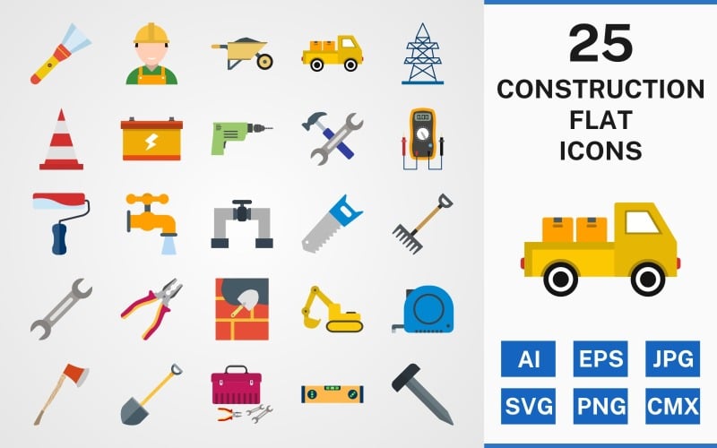 Download Набор иконок "25 Construction FLAT PACK Icon Set" / 25 Construction FLAT PACK Icon Set - Набор иконок на тему industrial set,file,icon,icons,linear,flat,vector,sign,symbol,pictogram,construction,loader,tools,drill,saw,wrench,axe,shovel,nail,battery