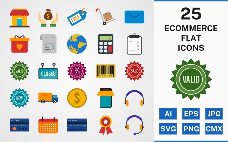 Download Набор иконок "25 ECOMMERCE FLAT PACK Icon Set" / 25 ECOMMERCE FLAT PACK Icon Set - Набор иконок на тему shopping set,file,icon,icons,linear,flat,vector,sign,symbol,pictogram,ecommerce,saving,globe,sale,new,atm,envelope,free tag,reciept,closed sign