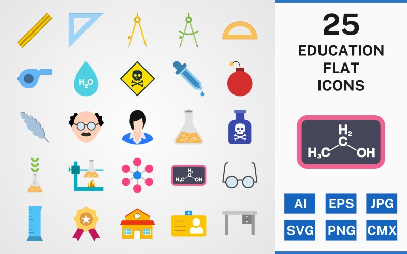 Download Набор иконок "25 EDUCATION FLAT PACK Icon Set" / 25 EDUCATION FLAT PACK Icon Set - Набор иконок на тему science set,file,icon,icons,linear,flat,vector,sign,symbol,pictogram,school,scale,study table,award,toxic,molecule,student card,beaker,education,compass
