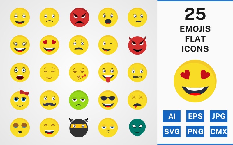 25 EMOJIS FLAT PACK Icon Set #115466 - TemplateMonster