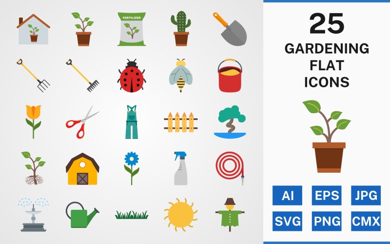 Download Набор иконок "25 GARDENING FLAT PACK Icon Set" / 25 GARDENING FLAT PACK Icon Set - Набор иконок на тему nature set,file,icon,icons,linear,flat,vector,sign,symbol,pictogram,gardening,trowel,rake,tulip,daisy,hose,watercan,grass,fountain