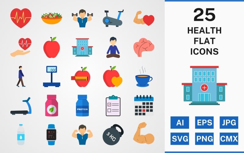 Download Набор иконок "25 HEALTH FLAT PACK Icon Set" / 25 HEALTH FLAT PACK Icon Set - Набор иконок на тему food set,file,icon,icons,linear,flat,vector,sign,symbol,pictogram,health,tea,treadmill,healthy food,exercise,salad,heartbeat,protein,diet,yoga