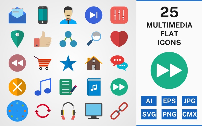 Download Набор иконок "25 MULTIMEDIA FLAT PACK Icon Set" / 25 MULTIMEDIA FLAT PACK Icon Set - Набор иконок на тему data set,file,icon,icons,linear,line,vector,sign,symbol,pictogram,multimedia,heart,chat,link,reload,back,avatar,phone call,setting,monitor