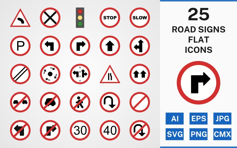 Download Набор иконок "25 ROAD SIGNS FLAT PACK Icon Set" / 25 ROAD SIGNS FLAT PACK Icon Set - Набор иконок на тему text set,file,icon,icons,linear,flat,vector,sign,symbol,pictogram,road signs,no entry,give way,parking,slow,left bend,lane control sign,speed limit 30,u turn,stop