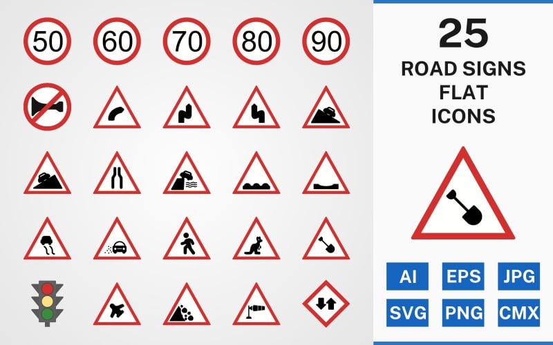Download Набор иконок "25 ROAD SIGNS FLAT PACK Icon Set" / 25 ROAD SIGNS FLAT PACK Icon Set - Набор иконок на тему text et,file,icon,icons,linear,flat,vector,sign,symbol,pictogram,road signs,air field,road dips,right brnd,speed limit 60,falling rocks,two way traffic,slippery roads,steep ascent,road works