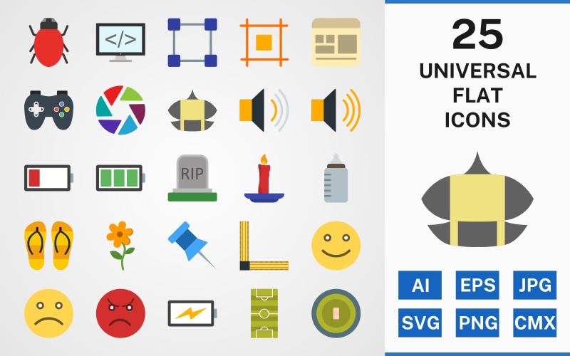 Download Набор иконок "25 UNIVERSAL FLAT PACK Icon Set" / 25 UNIVERSAL FLAT PACK Icon Set - Набор иконок на тему game set,file,icon,icons,linear,flat,vector,sign,symbol,pictogram,universal,flower,dragging,football field,candle,kite,bug,video game,template,slippers