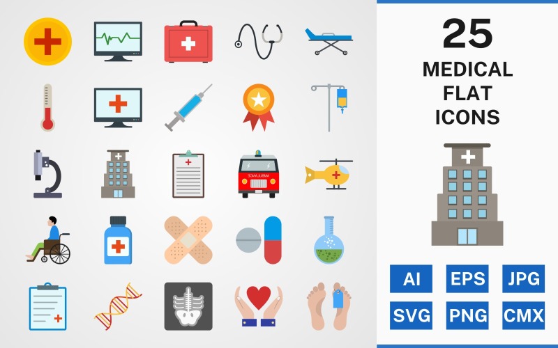 25 Conjunto de iconos de paquete plano médico