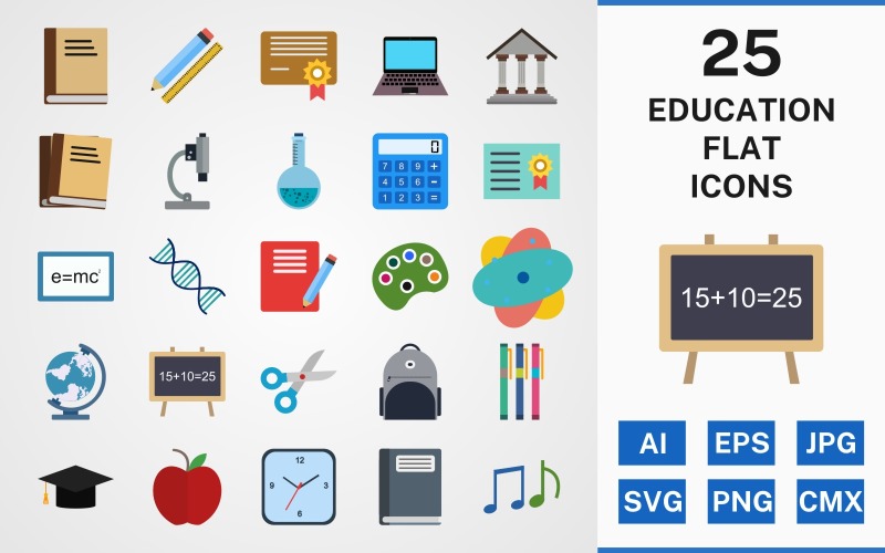 Download Набор иконок "25 Education FLAT PACK Icon Set" / 25 Education FLAT PACK Icon Set - Набор иконок на тему science set,file,icon,icons,linear,line,vector,sign,symbol,pictogram,education,flask,notebook,formula,calculator,book,diploma,notes,certificate,markers