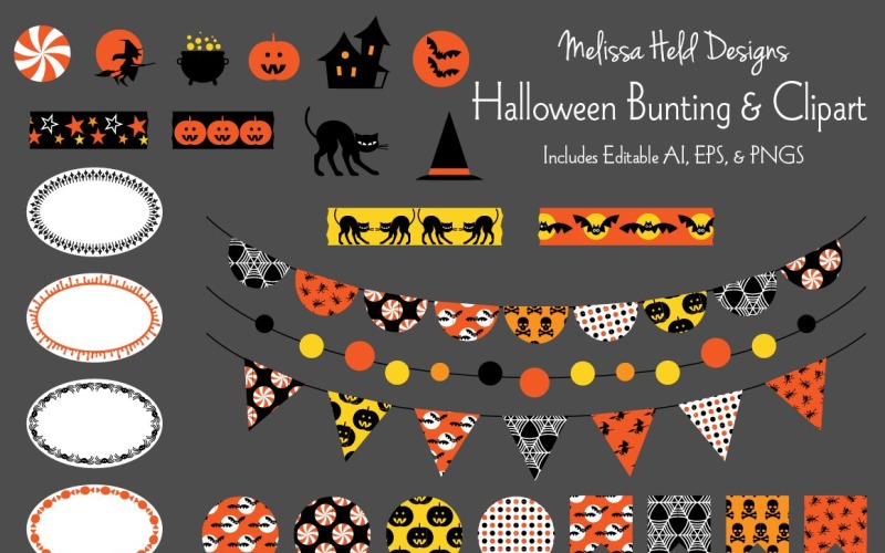 Download Pattern "Halloween Bunting &amp; Clipart Graphics Pattern" / Halloween Bunting &amp; Clipart Graphics Pattern - Pattern на тему графика paper,printable,clipart,vector,graphic,print,illustration,halloween,bunting,label,flag,sticker,washi tape,candy,pumpkin,witch,black cat,bat,haunted house,spider web