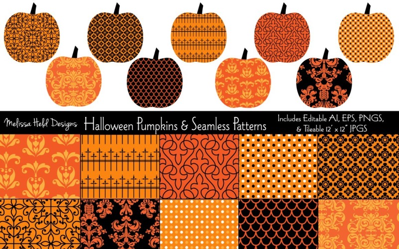 Download Pattern "Halloween Pumpkins &amp; Seamless Pattern" / Halloween Pumpkins &amp; Seamless Pattern - Pattern на тему графика halloween,black,orange,seamless,repeat,vector,pattern,printable,fabric,textile,design,background,backdrop,damask,polka dot,pumpkin,jack o lantern,clipart,paper,graphic