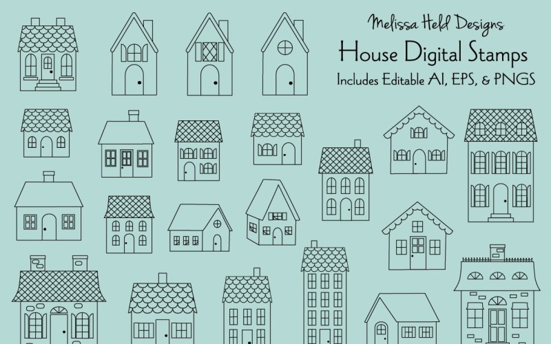 Download Иллюстрация "House Digital Stamps Vector - Illustration" / House Digital Stamps Vector - Illustration - Иллюстрация на тему графика apartment building,cabin,chalet,chimneys,doors,old fashioned,georgian,home,house,mansion,roof,town,village,outline,coloring book,printable,clipart,vector,graphic,illustration