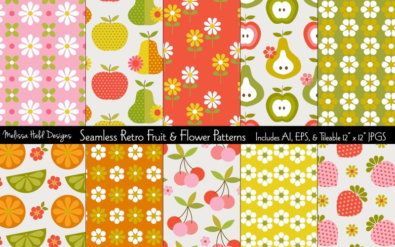 Download Pattern "Seamless Retro Fruit Flower Pattern" / Seamless Retro Fruit Flower Pattern - Pattern seamless,repeat,retro,vintage,vector,pattern,printable,fabric,textile,design,background,backdrop,fruit,flower,apple,pear,strawberry,cherry,citrus,daisy