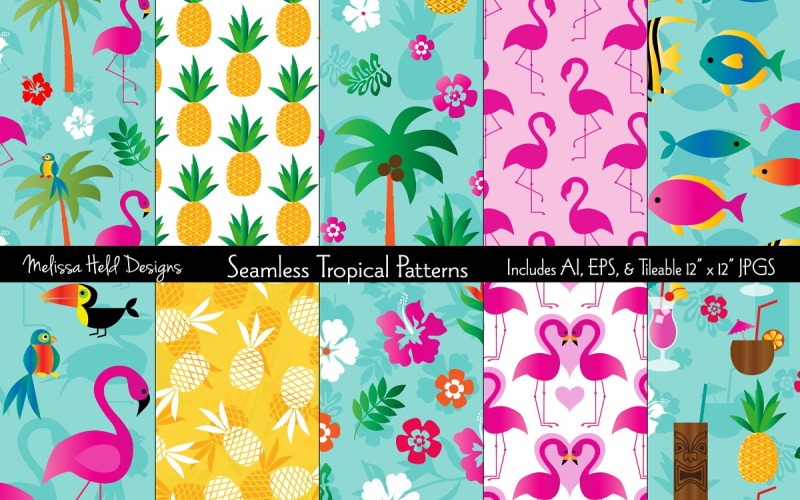 Download Pattern "Seamless Tropical Flamingo Pineapple Pattern" / Seamless Tropical Flamingo Pineapple Pattern - Pattern на тему графика vector,pattern,printable,fabric,textile,design,background,backdrop,seamless,repeat,tropical,palm tree,flamingo,pineapple,tiki,hawaiian,fish,bird,hibiscus,summer