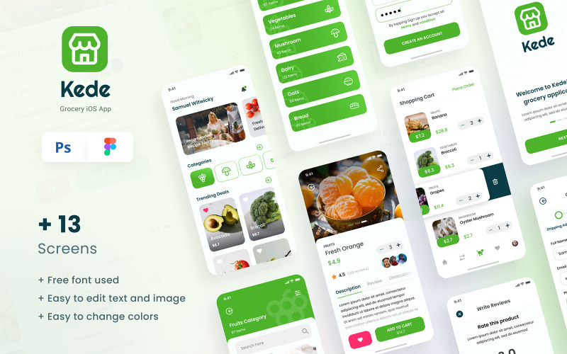 Kede - Potraviny iOS App Design UI Figma PSD šablona