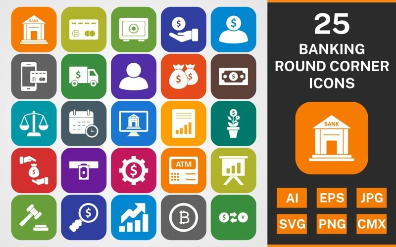 Download Набор иконок "25 BANKING ROUND CORNER GLYPH PACK Icon Set" / 25 BANKING ROUND CORNER GLYPH PACK Icon Set - Набор иконок на тему финансы set,file,icon,icons,round,glyph,vector,sign,symbol,pictogram,banking,bank,saif,loan,balance,auction,growth,bitcoin,exchange rate,banker
