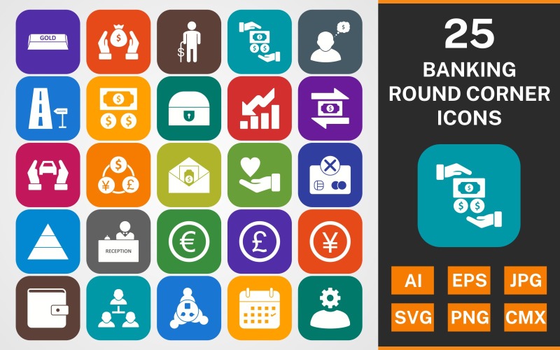 Download Набор иконок "25 BANKING ROUND CORNER GLYPH PACK Icon Set" / 25 BANKING ROUND CORNER GLYPH PACK Icon Set - Набор иконок на тему финансы set,file,icon,icons,round,glyph,vector,sign,symbol,pictogram,banking,profit,charity,euro,meeting,team work,savings,money flow,sending money,reception