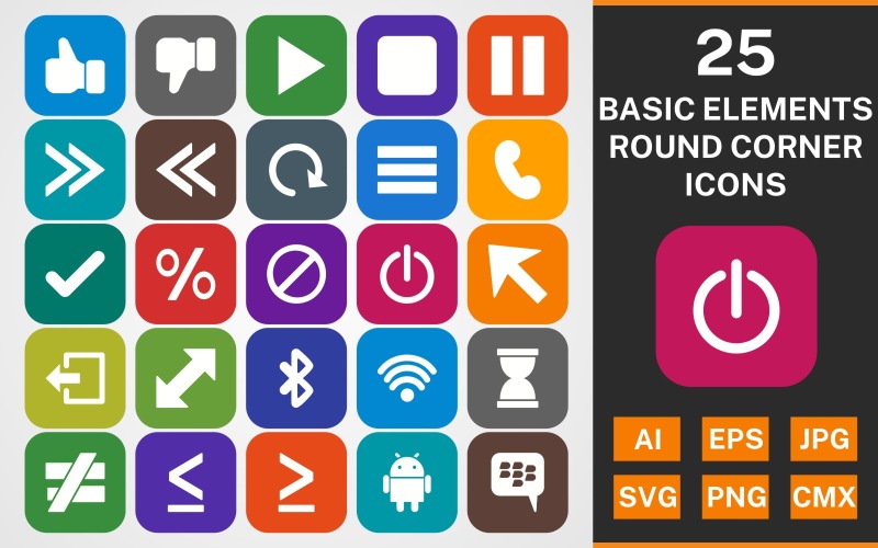 Download Набор иконок "25 BASIC ELEMENTS ROUND CORNER GLYPH PACK Icon Set" / 25 BASIC ELEMENTS ROUND CORNER GLYPH PACK Icon Set - Набор иконок на тему data set,file,icon,icons,round,glyph,vector,sign,symbol,pictogram,basic elements,stop,pause,call,wifi,hourglass,play,cursor,logout,bluetooh