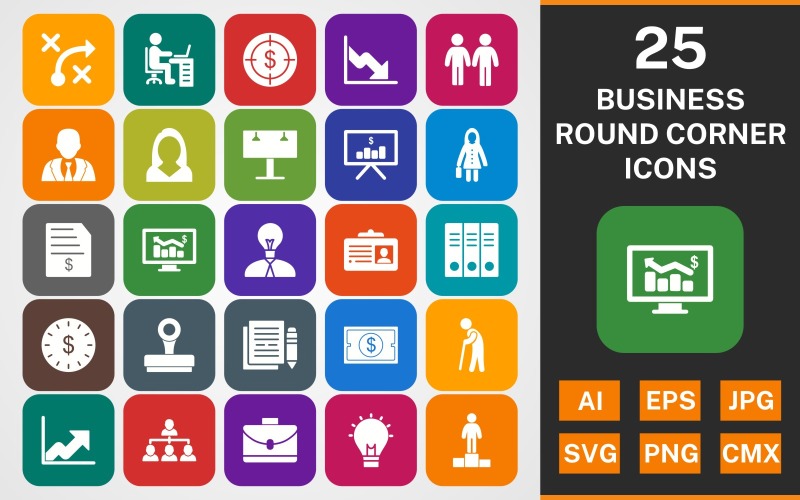 Download Набор иконок "25 BUSINESS ROUND CORNER GLYPH PACK Icon Set" / 25 BUSINESS ROUND CORNER GLYPH PACK Icon Set - Набор иконок на тему business set,file,icon,icons,round,glyph,vector,sign,symbol,pictogram,business,invoice,files,stamp,growth,idea,goal,workspace,patnership,investment