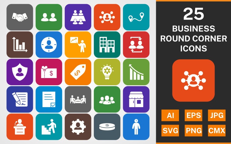 Download Набор иконок "25 BUSINESS ROUND CORNER GLYPH PACK Icon Set" / 25 BUSINESS ROUND CORNER GLYPH PACK Icon Set - Набор иконок на тему business set,file,icon,icons,round,glyph,vector,sign,symbol,pictogram,business,aim,strategy,speech,management,coin,decision making,sharing,working team,contract