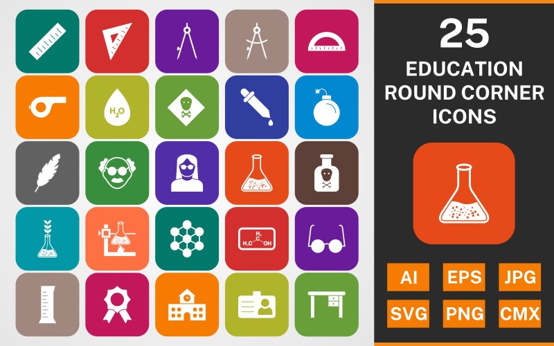 Download Набор иконок "25 EDUCATION ROUND CORNER GLYPH PACK Icon Set" / 25 EDUCATION ROUND CORNER GLYPH PACK Icon Set - Набор иконок на тему science set,file,icon,icons,round,glyph,vector,sign,symbol,pictogram,education,toxic,h2o,school,award,scale,whistle,dropper,explosion,beaker