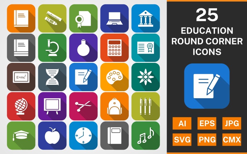 Download Набор иконок "25 EDUCATION Round Corner Shadowed PACK Icon Set" / 25 EDUCATION Round Corner Shadowed PACK Icon Set - Набор иконок на тему science et,file,icon,icons,linear,glyph,vector,sign,symbol,pictogram,education,book,flask,bagpack,notebook,laptop,books,notes,blackboard,formula