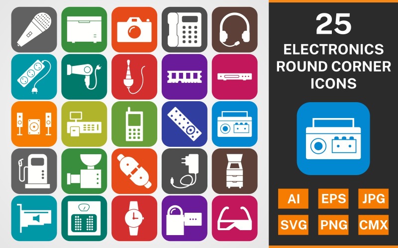 Download Набор иконок "25 ELECTRONIC DEVICES ROUND CORNER GLYPH PACK Icon Set" / 25 ELECTRONIC DEVICES ROUND CORNER GLYPH PACK Icon Set - Набор иконок на тему music set,file,icon,icons,round,glyph,vector,sign,symbol,pictogram,electronics,devices,dvd player,camera,music syestem,earphone,telephone,cell phone,billing machine,hair dryer