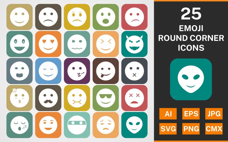 Download Набор иконок "5 EMOJI ROUND CORNER GLYPH PACK Icon Set" / 5 EMOJI ROUND CORNER GLYPH PACK Icon Set - Набор иконок на тему social media set,file,icon,icons,round,glyph,vector,sign,symbol,pictogram,emoji,sad,happy,love,nervous,devil,calm,moustache,sleep,cool