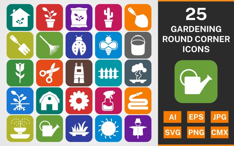 Download Набор иконок "25 GARDENING ROUND CORNER GLYPH PACK Icon Set" / 25 GARDENING ROUND CORNER GLYPH PACK Icon Set - Набор иконок на тему nature set,file,icon,icons,round,glyph,vector,sign,symbol,pictogram,gardening,trowel,tulip,fertilizer,lady bug,fence,root,fountain,watercan,grass