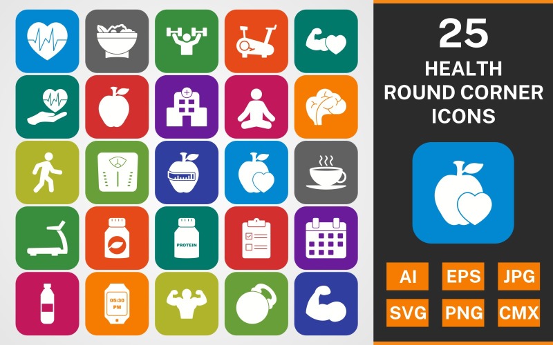 Download Набор иконок "25 HEALTH ROUND CORNER GLYPH PACK Icon Set" / 25 HEALTH ROUND CORNER GLYPH PACK Icon Set - Набор иконок на тему food set,file,icon,icons,round,glyph,vector,sign,symbol,pictogram,health,heart beat,exercise,diet,healthy food,healthy heart,yoga,protein,checklist,body