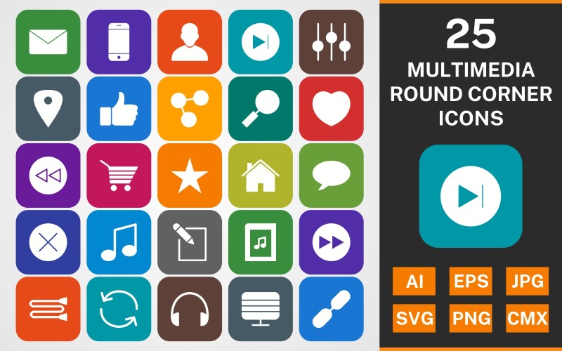 Download Набор иконок "25 Multimedia Round Corner Glyph Pack Icon Set" / 25 Multimedia Round Corner Glyph Pack Icon Set - Набор иконок на тему music set,file,icon,icons,linear,glyph,vector,sign,symbol,pictogram,multimedia,next,share,house,music,edit,reload,monitor,link,back