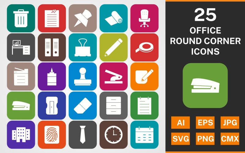 Download Набор иконок "25 OFFICE ROUND CORNER GLYPH PACK Icon Set" / 25 OFFICE ROUND CORNER GLYPH PACK Icon Set - Набор иконок на тему business set,file,icon,icons,round,glyph,vector,sign,symbol,pictogram,office,clip,files,post it,trash,archive,notepad,clock,building,corrector