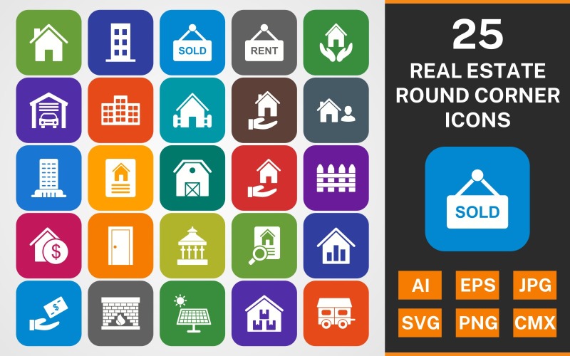 Download Набор иконок "25 REAL ESTATE ROUND CORNER GLYPH PACK Icon Set" / 25 REAL ESTATE ROUND CORNER GLYPH PACK Icon Set - Набор иконок на тему city set,file,icon,icons,round,glyph,vector,sign,symbol,pictogram,real estate,sold,rent,agent,house,fire place,solar energy,mobile house,fence,building