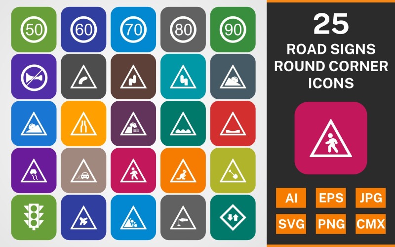 Download Набор иконок "25 ROAD SIGNS ROUND CORNER GLYPH PACK Icon Set" / 25 ROAD SIGNS ROUND CORNER GLYPH PACK Icon Set - Набор иконок на тему text set,file,icon,icons,round,glyph,vector,sign,symbol,pictogram,road signs,steep ascent,lose gravel,air field,right bend,falling rocks,light signals,two way traffic,un even road,road works